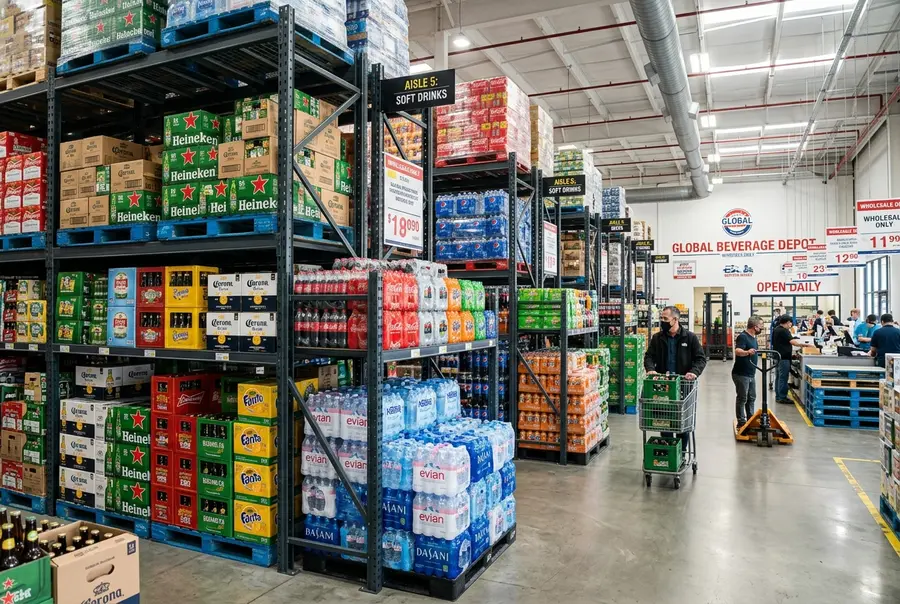 Distribuidora de bebidas organizada com gôndolas de aço carbono pesadas contendo fardos e engradados empilhados.