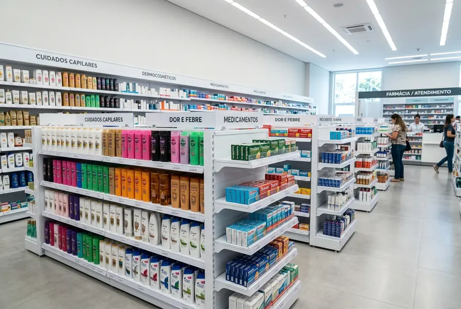 Drogaria moderna organizada com gôndolas de aço brancas contendo medicamentos e cosméticos bem setorizados.