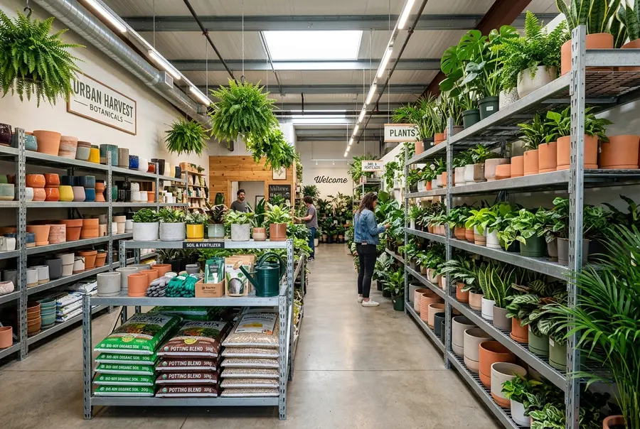 Interior de uma floricultura e garden center organizado com mesas de plantas de metal e gôndolas tipo escada contendo vasos e terra.