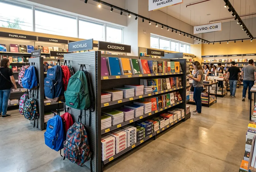 Papelaria e livraria moderna e organizada com gôndolas de aço contendo livros, cadernos e mochilas suspensas.