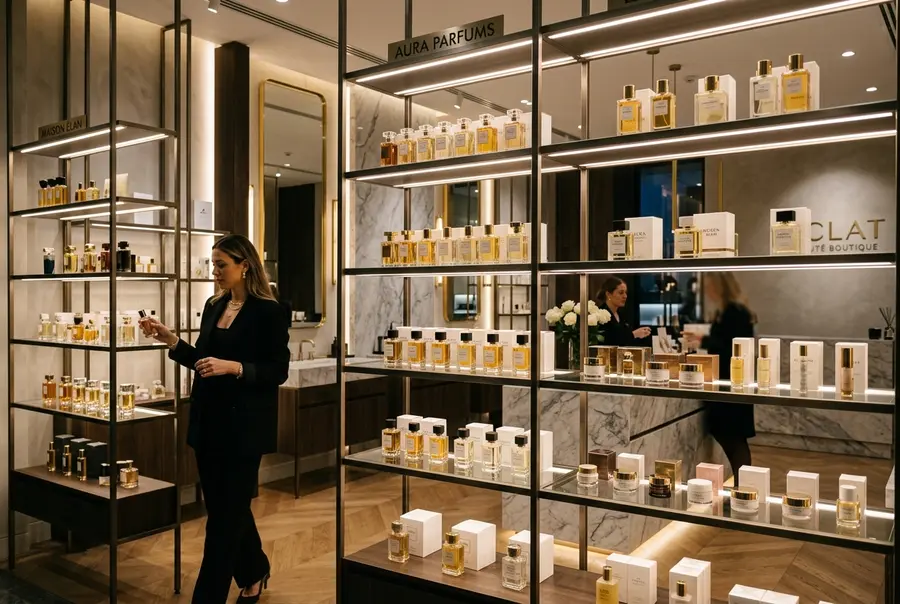 Gôndola de perfumaria fina com prateleiras de vidro temperado e iluminação de LED embutida destacando perfumes importados.