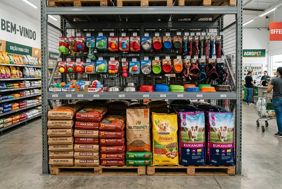Loja agropecuária organizada com mini porta-pallets contendo sacos de ração e gôndolas com acessórios de pets.
