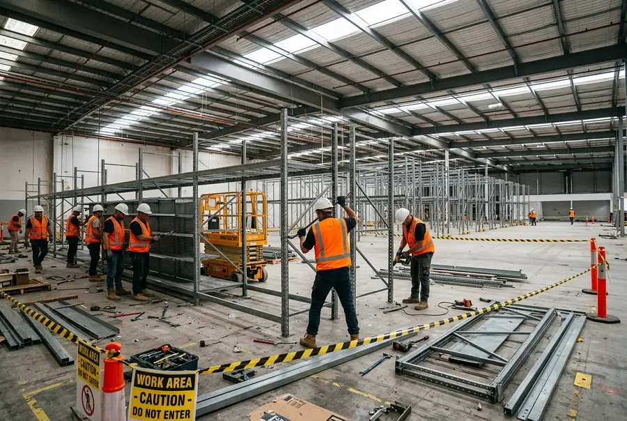 Operação de desmobilização e desmontagem de gôndolas e porta-pallets de metal vazias em um supermercado em reforma.