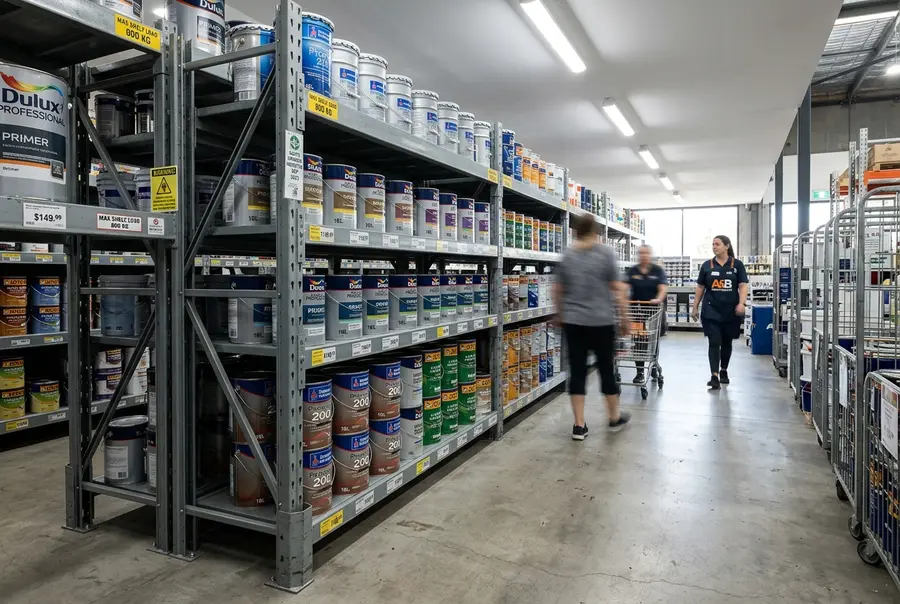 Gôndolas industriais reforçadas em aço cinza expondo latas de tintas e ferramentas de forma organizada.