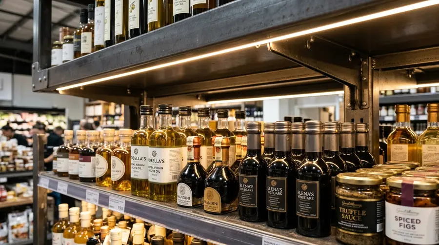 Detalhe aproximado de uma prateleira comercial de bebidas finas iluminada por fitas de LED sob a bandeja superior.