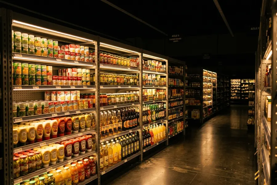 Gôndolas metálicas de supermercado iluminadas sob cada prateleira com fitas de LED COB destacando os produtos expostos.