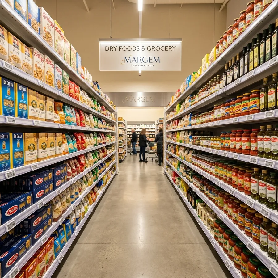 Gôndolas de aço brancas organizadas no corredor de mercearia seca de um supermercado moderno em Campo Grande MS, com precificadores legíveis