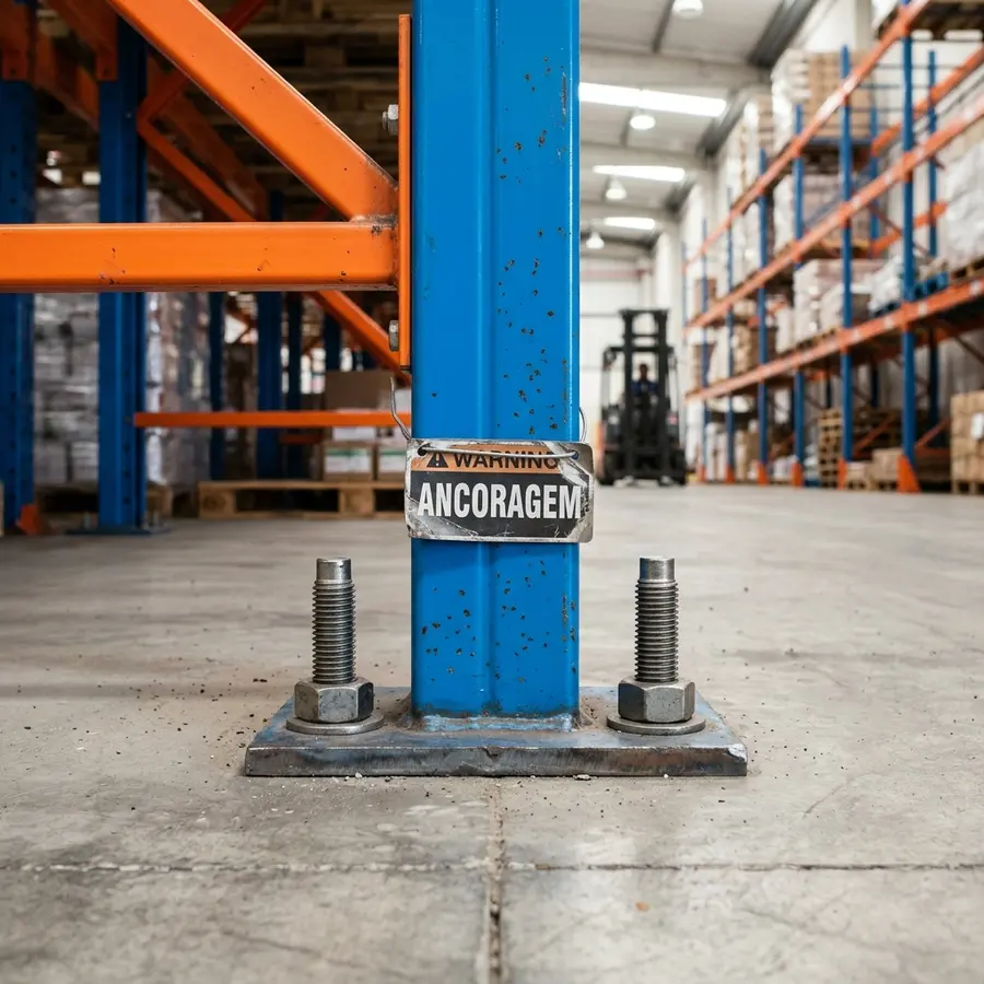 Close-up de base metálica estrutural de coluna de rack porta-pallet de aço azul, perfeitamente chumbada no concreto liso por dois chumbadores mecânicos robustos e o letreiro ANCORAGEM sutilmente gravado