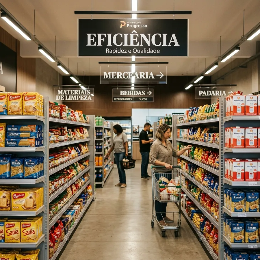 Interior de minimercado brasileiro organizado com placas aéreas em português como mercearia, bebidas e padaria, com clientes fazendo compras autônomas