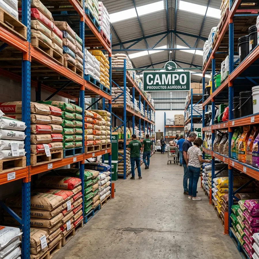 Interior de uma grande loja agropecuária moderna e organizada, com sacos de sementes e rações empilhados em racks porta-pallets de aço azul e laranja e a palavra CAMPO em destaque no letreiro lateral