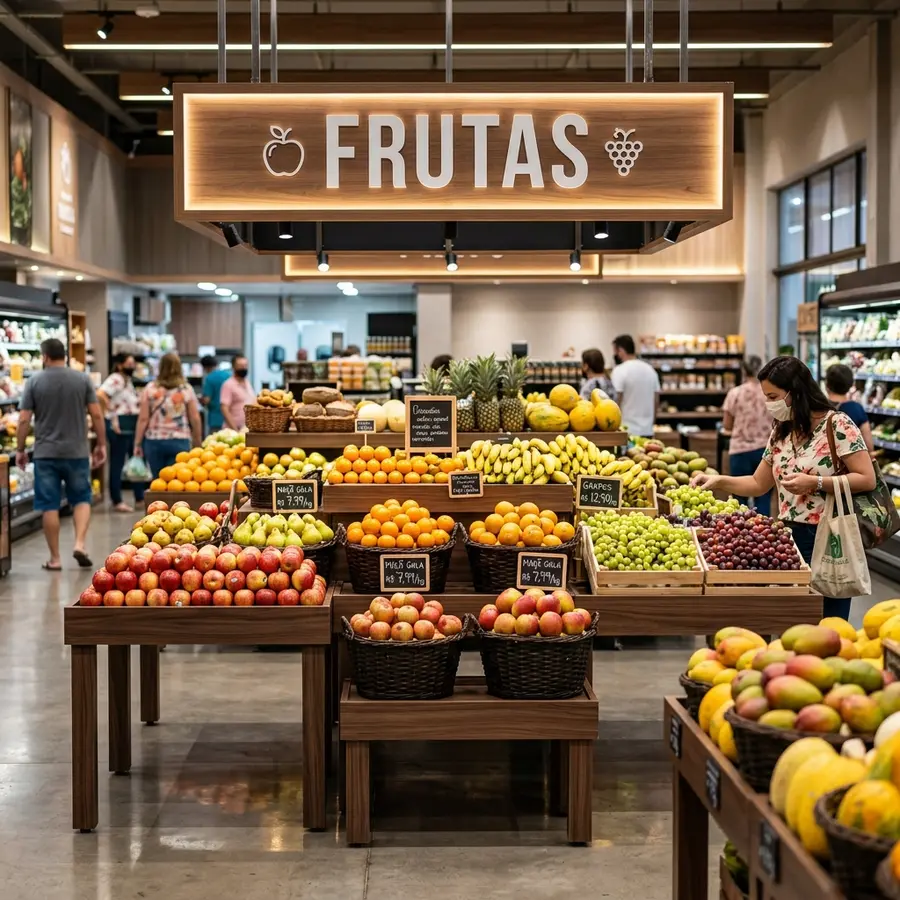 Foto realista de um setor de hortifrúti de supermercado moderno e iluminado, com expositores de madeira rústica e cestos pretos cheios de frutas frescas organizadas, com um letreiro de preço nítido escrito FRUTAS