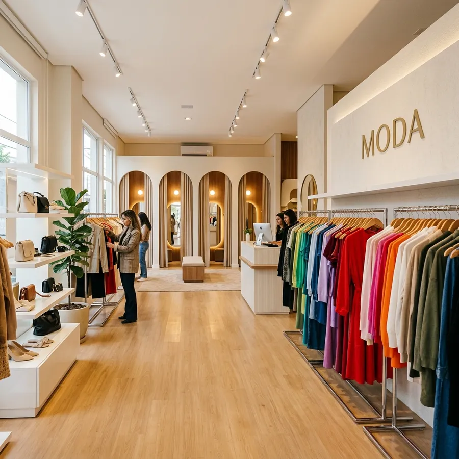 Interior moderno e bem iluminado de boutique de roupas premium com araras cromadas e palavra-gatilho MODA na parede de exibição