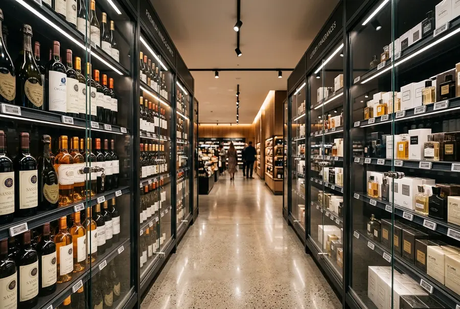 Visão interna de um corredor de supermercado moderno exibindo produtos de alto valor, como bebidas premium e perfumaria, atrás de portas de correr transparentes e gôndolas iluminadas.