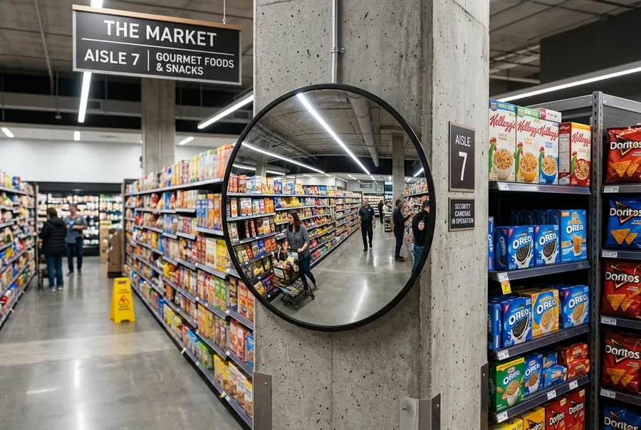 Espelho de segurança convexo circular instalado no topo de uma coluna de concreto no corredor do supermercado, refletindo as prateleiras de aço perfeitamente alinhadas.