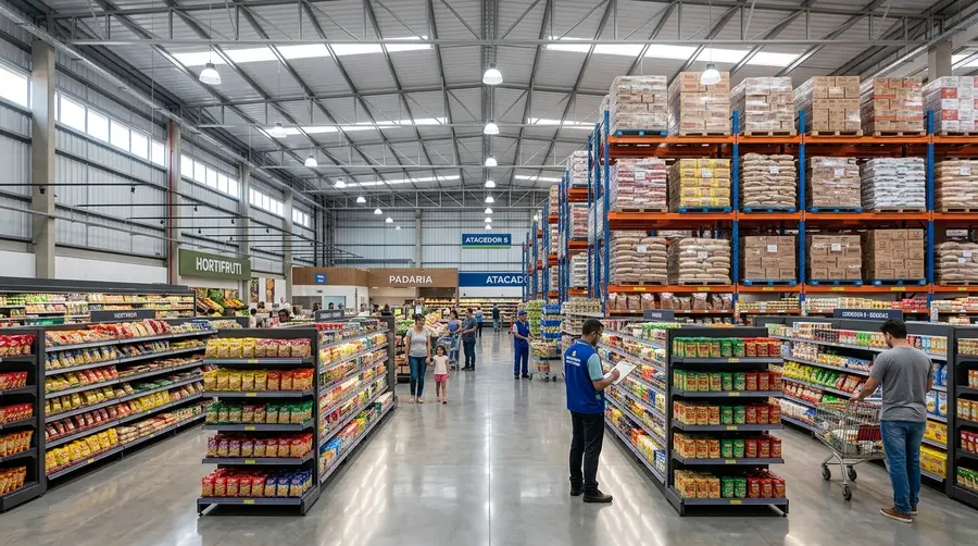 Salão de vendas de alta densidade em Campo Grande MS integrando gôndolas de aço reforçadas de 6 níveis sob a ABNT NBR 14762 e estruturas porta-paletes NBR 17150-1