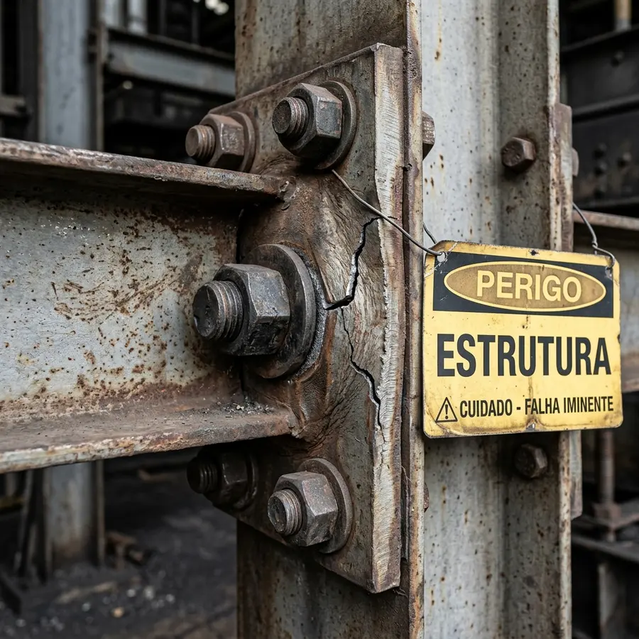 Conexão parafusada estrutural de viga metálica sob severo esforço mecânico com trinca visível