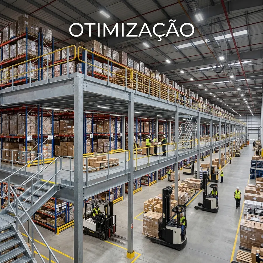 Mezanino industrial metálico integrado com estruturas porta-pallets de armazenagem e empilhadeiras em operação