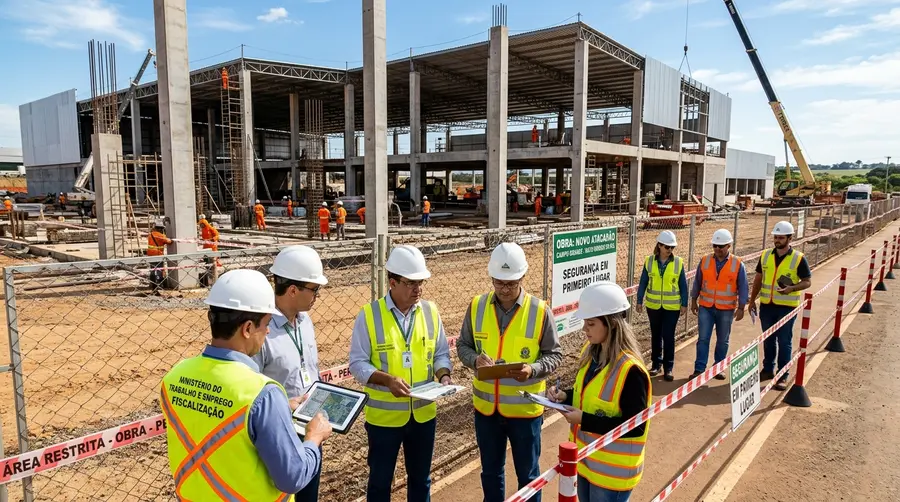 Fiscalização do Ministério do Trabalho e Emprego embargando canteiro de obras de supermercado em Campo Grande MS após desabamento estrutural