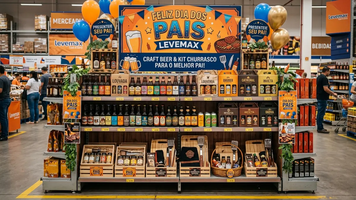 Gôndolas de bebidas decoradas com motivos de Dia dos Pais com cervejas artesanais brasileiras e kits de churrasco de madeira.