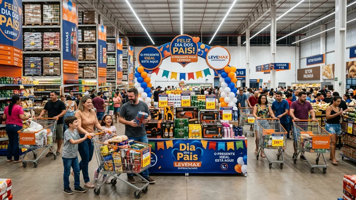 Interior do Levemax Superatacado movimentado com famílias fazendo compras de Dia dos Pais ao redor de ilha promocional decorada.