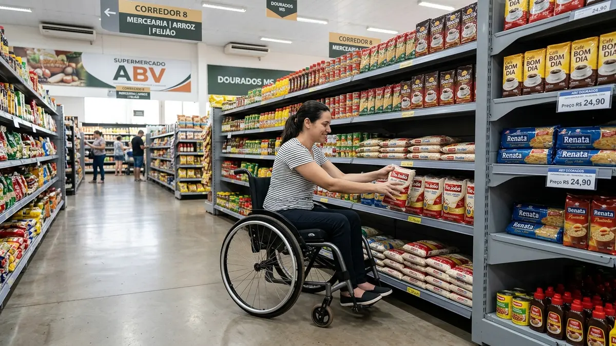 Cliente em cadeira de rodas manobrando com facilidade em um corredor amplo de supermercado com gôndolas cinzas em Dourados MS.
