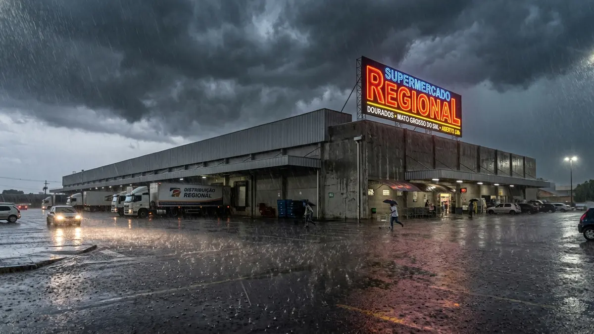 Fachada de centro de distribuição comercial sob tempestade severa e chuva forte na região de Dourados MS.