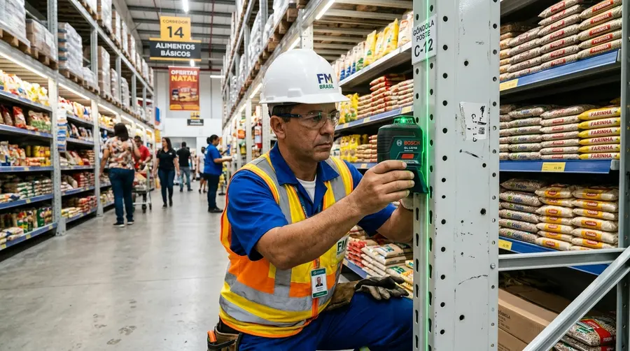 Técnico de manutenção utilizando nível digital a laser para conferir alinhamento e verticalidade de gôndolas em atacarejo em Campo Grande MS