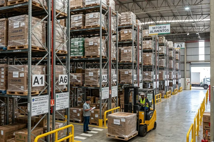 Almoxarifado central de órgão público em Mato Grosso do Sul organizado com estantes industriais de aço e porta-paletes pesados e proteção amarela contra colisões