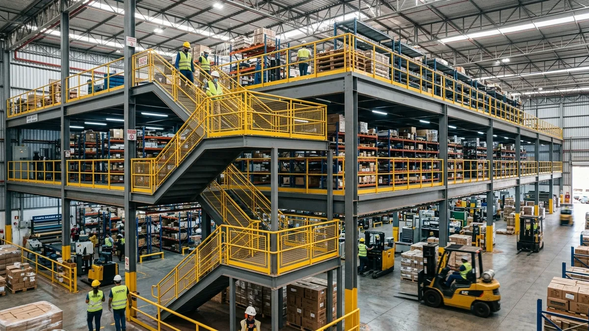 Estrutura de mezanino metálico industrial multinível com escada e guarda-corpo no Polo Industrial de Campo Grande MS.