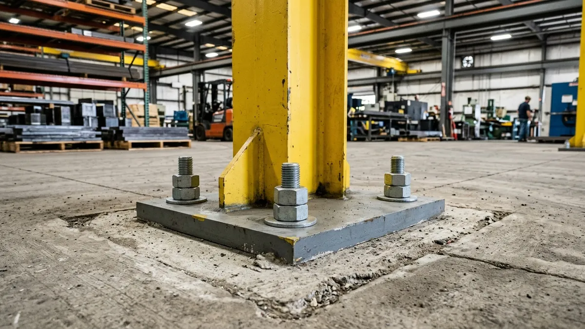 Sapata de base de aço e chumbadores químicos de expansão fixando a coluna de cantiléver no piso de concreto.
