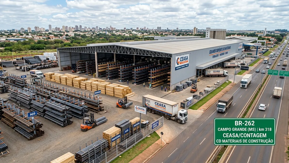Vista aérea de grande home center e depósito de materiais de construção na BR-262 em Campo Grande MS com estantes cantiléver.