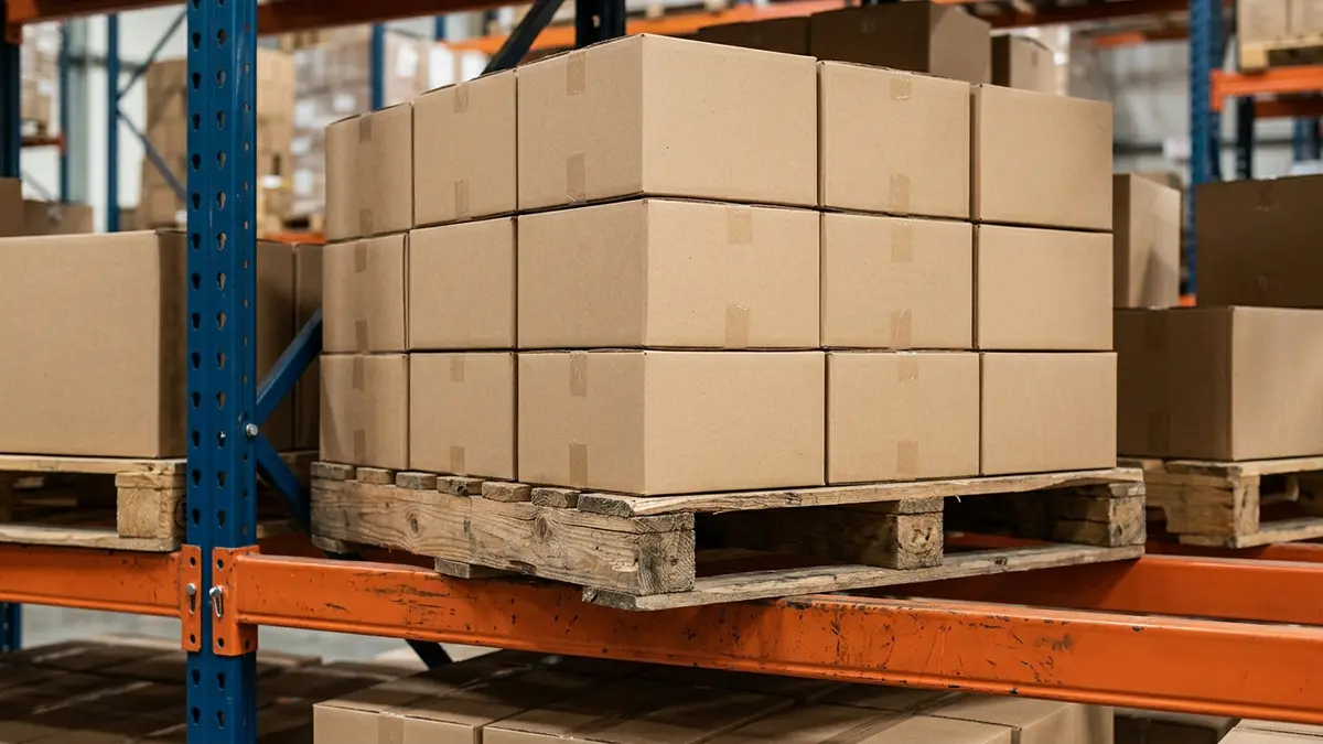 Palete de madeira com caixas de papelão organizadas e fixadas com filme plástico em cima de prateleiras metálicas de um miniporta-paletes comercial.