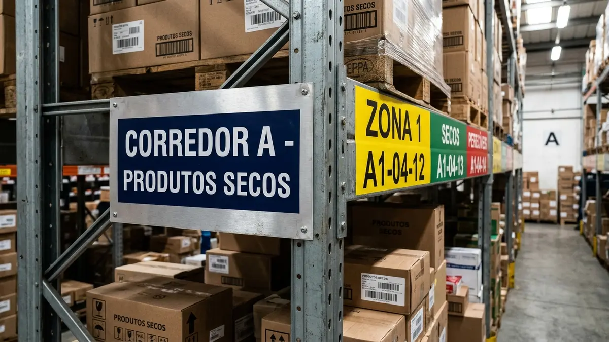 Corredor de depósito comercial com placa de sinalização em português indicando Corredor A e identificadores coloridos de prateleira.