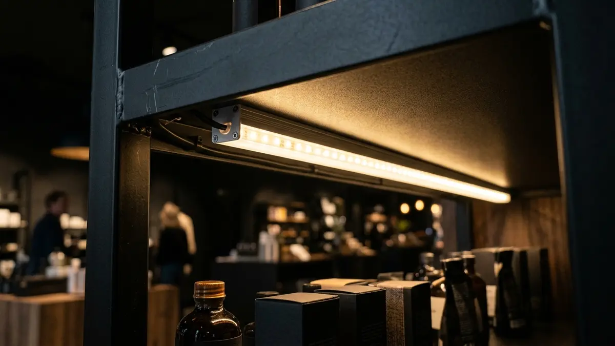Prateleira comercial preta metálica com fita de LED embutida na calha metálica inferior, projetando luz suave sobre embalagens decorativas.