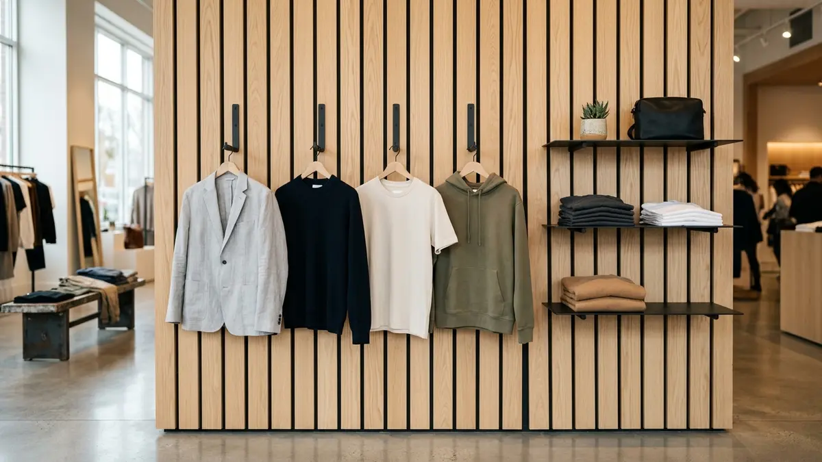 Parede decorada com painel canaletado de MDF escuro e ganchos metálicos cromados sustentando bolsas e acessórios com precisão geométrica.