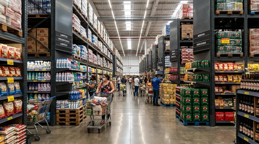 Interior de atacarejo moderno com corredores amplos e gôndolas industriais de aço carregadas com produtos em grandes volumes