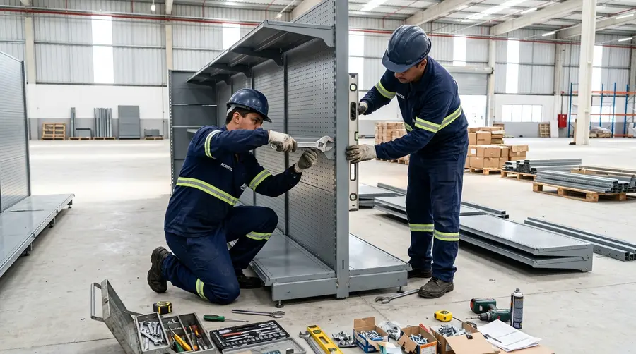 Técnicos especializados montando gôndola de aço industrial com nível de precisão e ferramental profissional