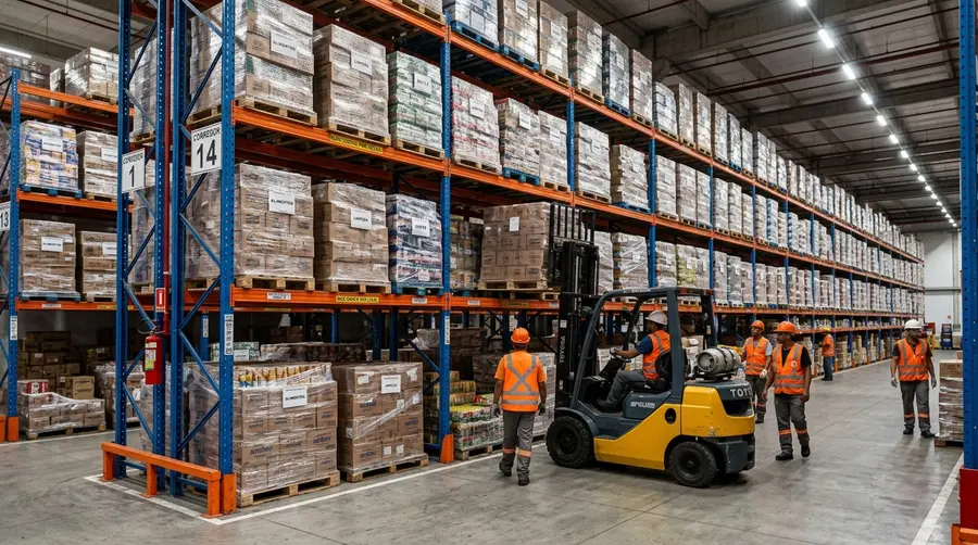 Sistema de porta-paletes seletivo de alta capacidade em depósito de atacarejo com empilhadeira operando entre os corredores