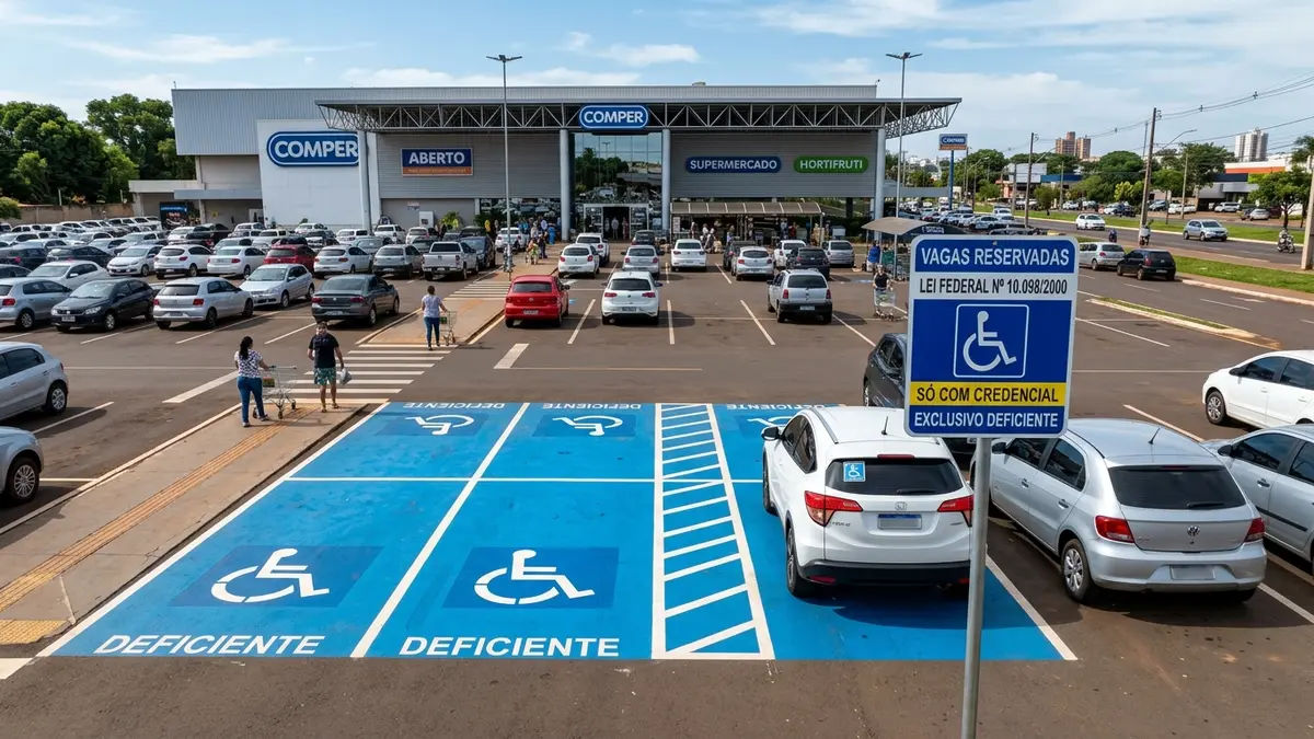 Estacionamento de supermercado com vagas exclusivas pintadas de azul com símbolo de cadeirante e placas de regulamentação.