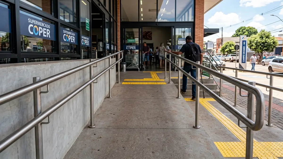 Rampa de concreto antiderrapante com corrimão de aço inox e piso tátil amarelo na entrada de supermercado em Campo Grande MS.