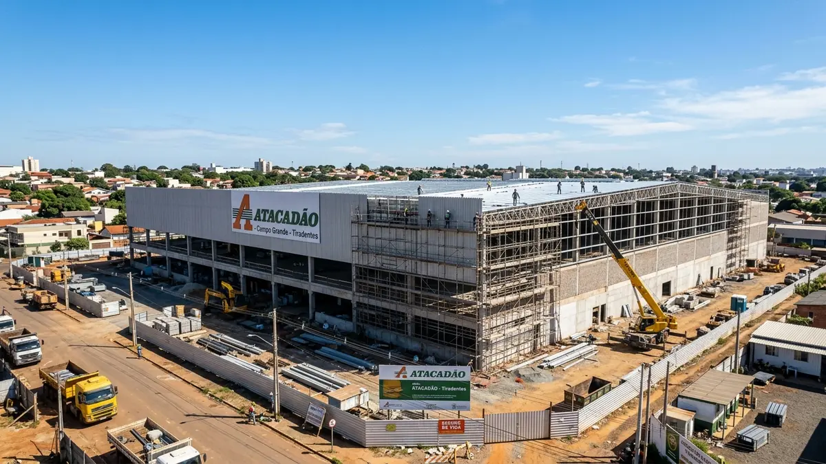Obra de construção civil do novo Atacadão CG5 no bairro Tiradentes em Campo Grande MS com andaimes e guindaste.