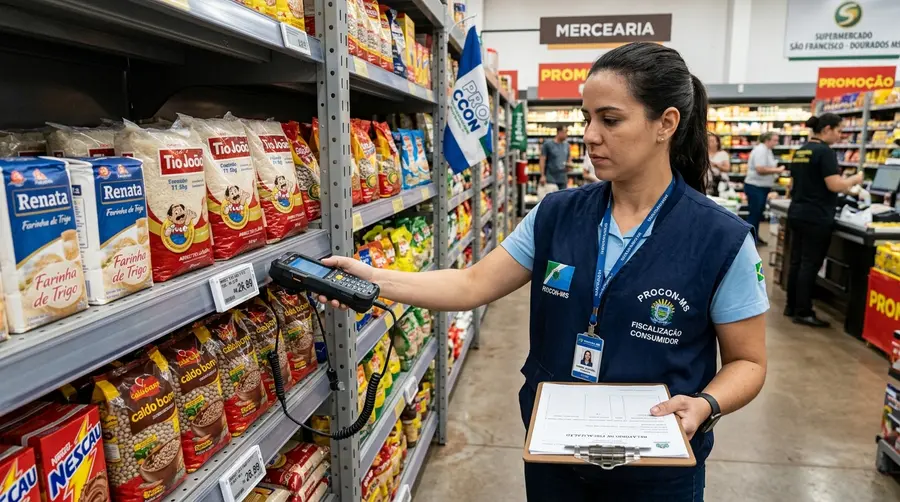 Fiscal do Procon-MS conferindo precificação digital em etiqueta eletrônica instalada em gôndola de supermercado em Dourados MS