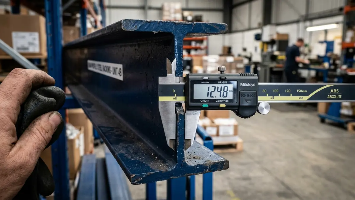 Close em engenheiro medindo com precisão a espessura da chapa de aço de uma viga de sustentação azul de gôndola comercial usando um paquímetro digital.