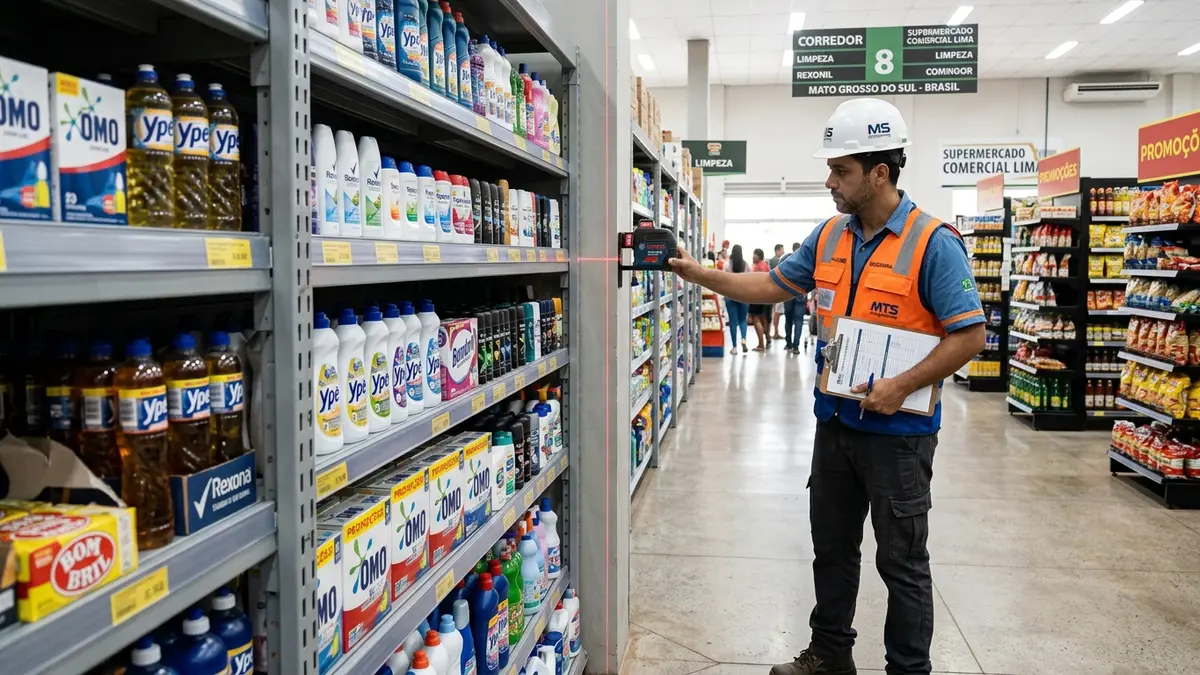 Visão técnica de um engenheiro inspecionando corredor de gôndolas industriais em supermercado no MS, utilizando prancheta e instrumentos de medição de prumo.