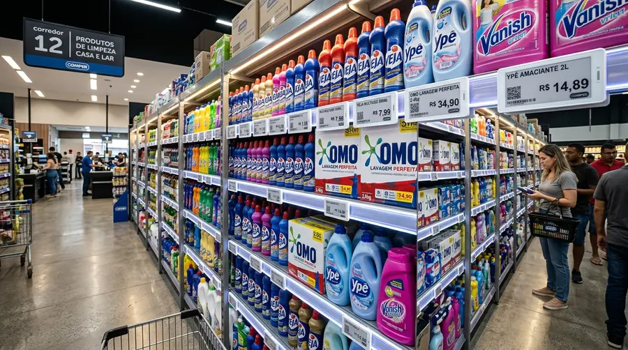 Corredor de supermercado moderno em Campo Grande MS com etiquetas eletrônicas digitais integradas a gôndolas metálicas com iluminação LED