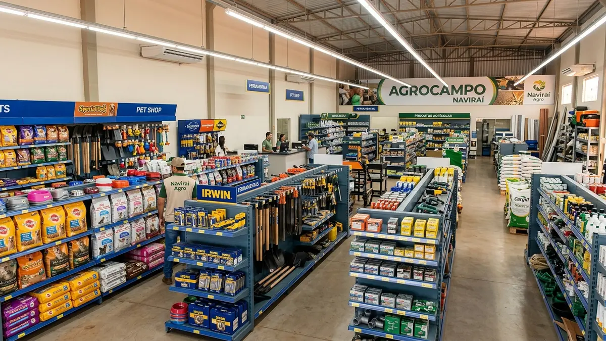 Loja agropecuária e utilidades em Naviraí MS equipada com gôndolas modulares metálicas pesadas reforçadas