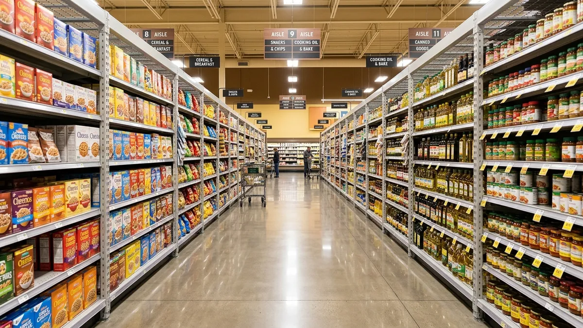 Corredor principal de supermercado com iluminação brilhante e gôndolas metálicas perfeitamente niveladas.