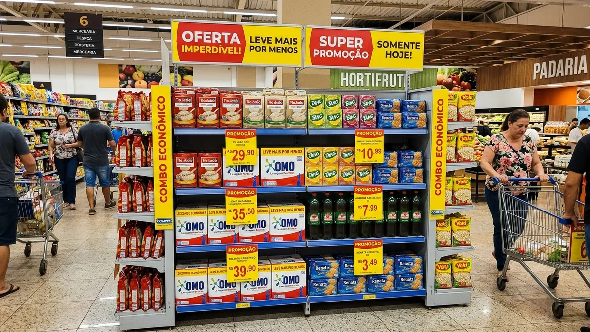 Ponta de gôndola de ilha em supermercado com comunicação visual amarela de ofertas e produtos organizados.