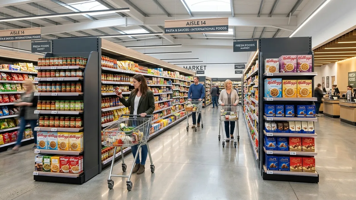 Corredor amplo de supermercado modernizado em Campo Grande MS com gôndolas de aço reformadas e piso polido.