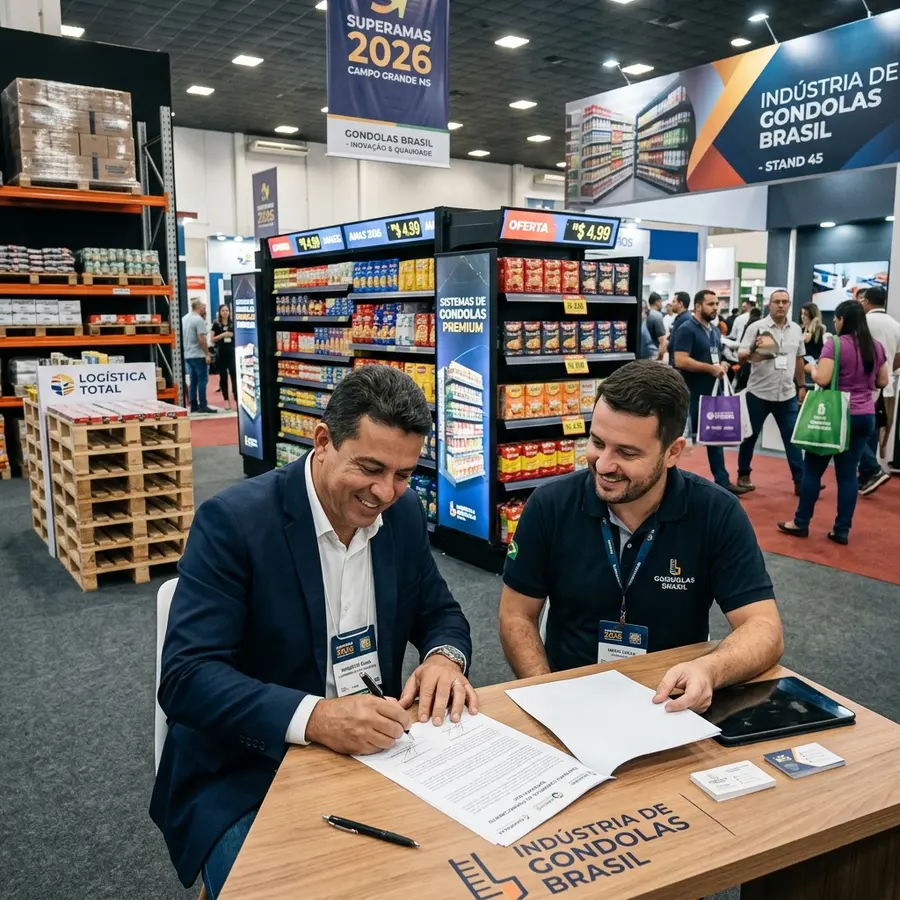 Supermercadista de MS assinando contrato de fornecimento de gôndolas de aço no encerramento da SuperAMAS 2026 no Bosque Expo
